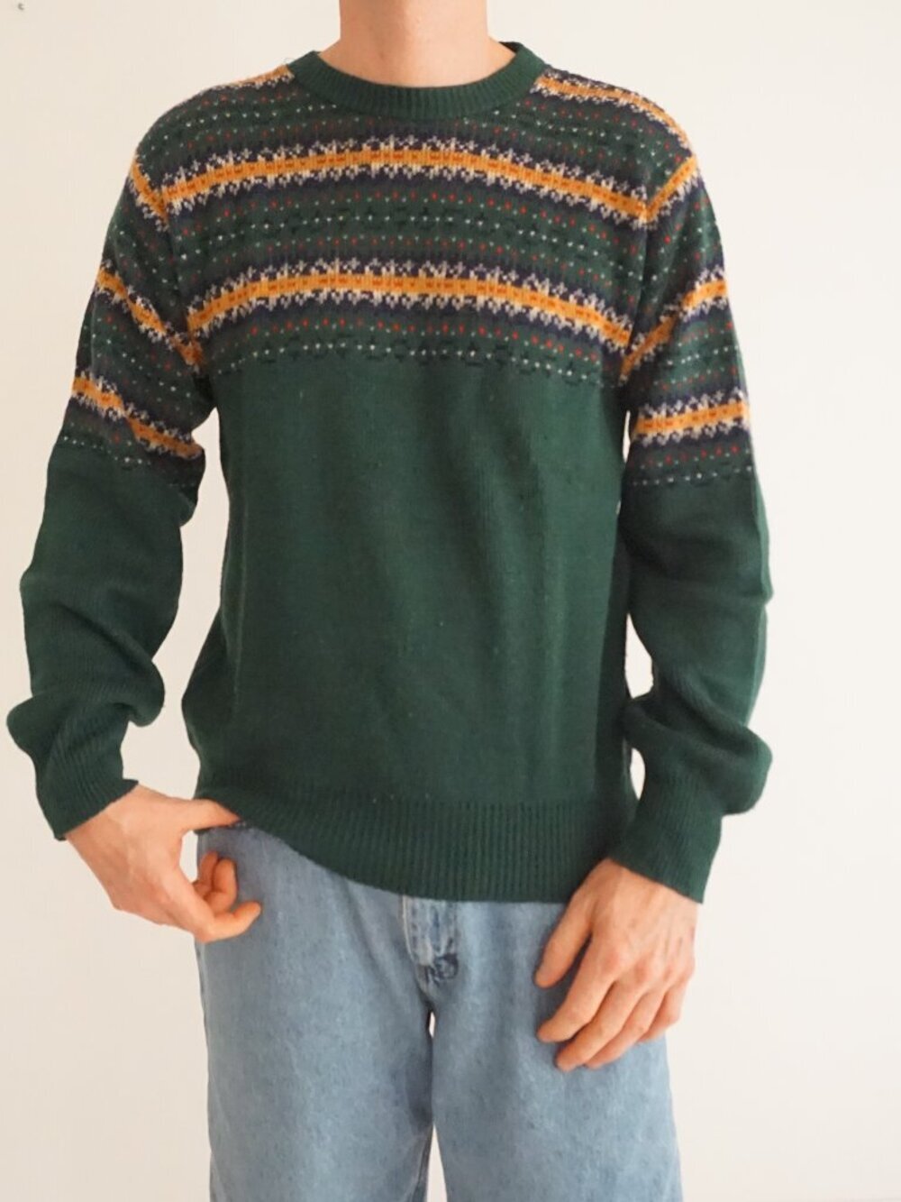 Vintage Sturbridge by Roosevelt Dark Green Fair Isle Yoke Pattern Knit Sweater L